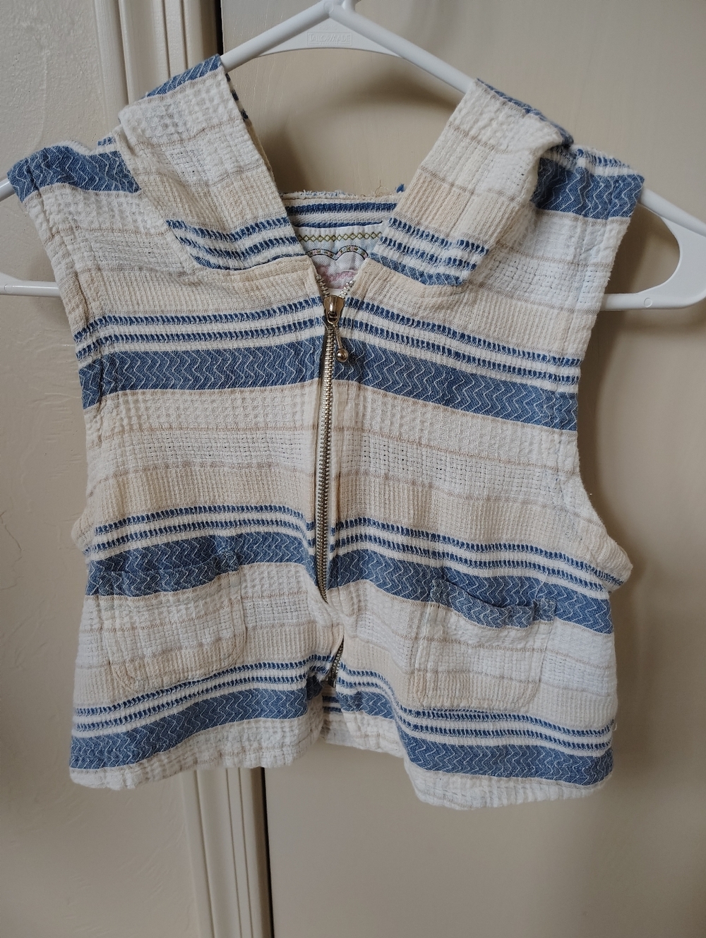 No Boundaries Striped Hooded Full Zip Vest Medium White Blue 100% Cotton Vintage